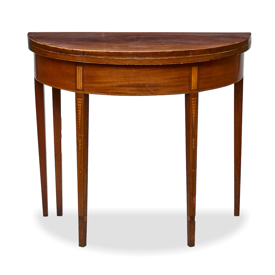 A FEDERAL STRING INLAID MAHOGANY FIVE-LEG GOLD OVER CARD TABLE, NEW YORKNew York, early 19th cen...
