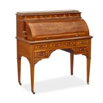 A CONTINENTAL NEOCLASSICAL MARQUETRY INLAID MAHOGANY CYLINDER FRONT DESKLate 19th/early 20th cen...