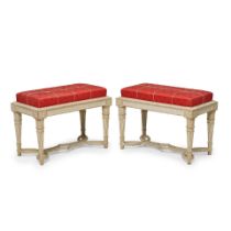 A PAIR OF NEOCLASSICAL STYLE CARVED PAINTED WOOD UPHOLSTERED BENCHES
