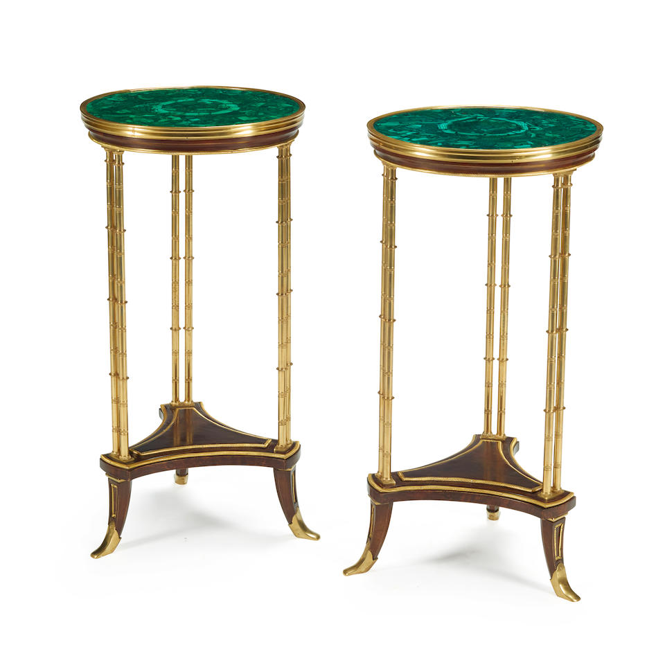 A PAIR OF LOUIS XVI STYLE MALACHITE TOP GILT BRONZE GUERIDONS