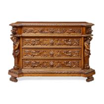 A RENAISSANCE REVIVAL CARVED WALNUT CHEST OF DRAWERSLate 19th century