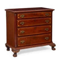 A CHIPPENDALE STYLE INLAID CARVED MAHOGANY CHEST OF DRAWERS