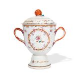 A CHINESE EXPORT FAMILLE ROSE PORCELAIN TWO-HANDLED COVERED VASECirca 1780