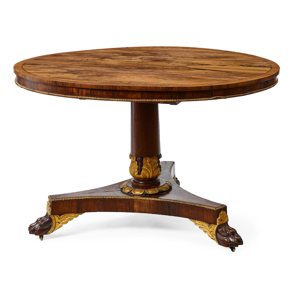 A REGENCY STYLE CARVED AND PARCEL GILTWOOD TILT-TOP CIRCULAR BREAKFAST TABLE20th century
