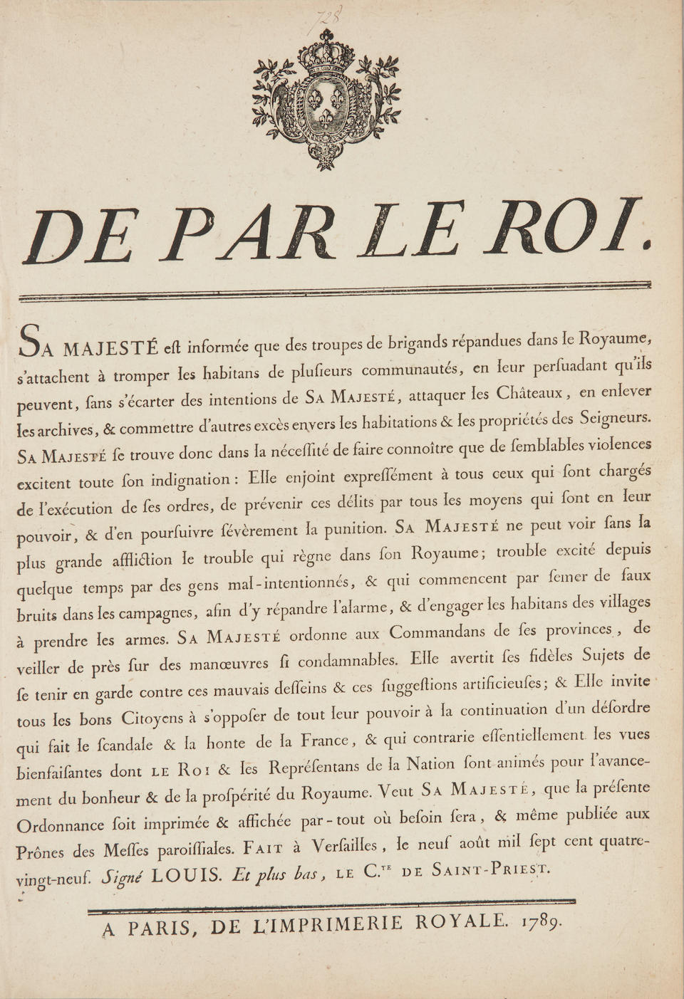 FRENCH ROYALTY. Proclamation by King Louis XVI, 1789.