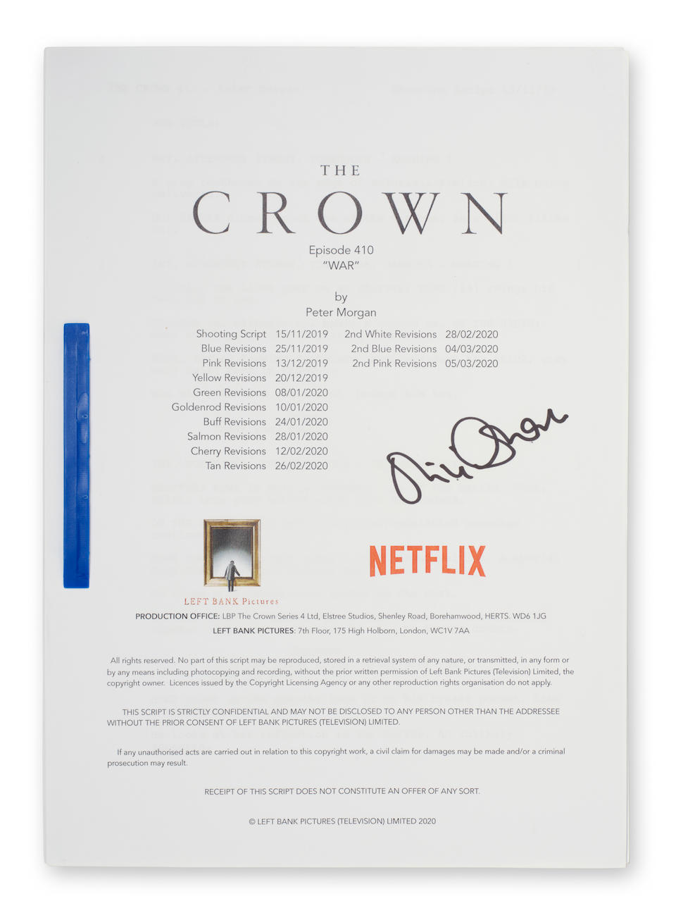 An autographed script for The Crown Season 4, Episode 10, 'War'