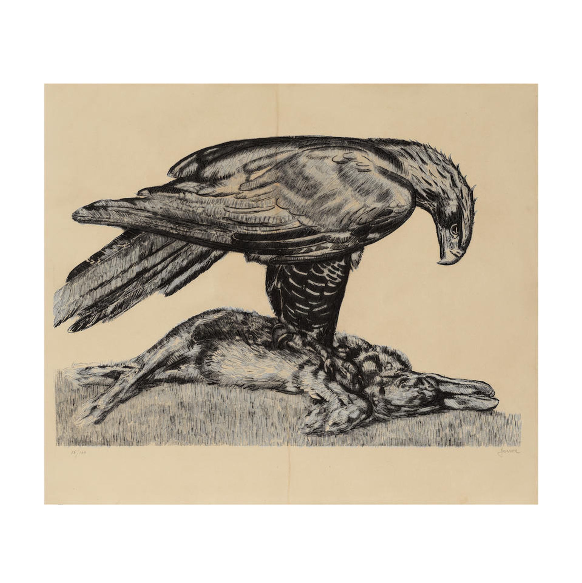 PAUL JOUVE (1878-1973) Aigle enserrant un lièvre, 1930 Eau forte sur vélin Van GelderS...