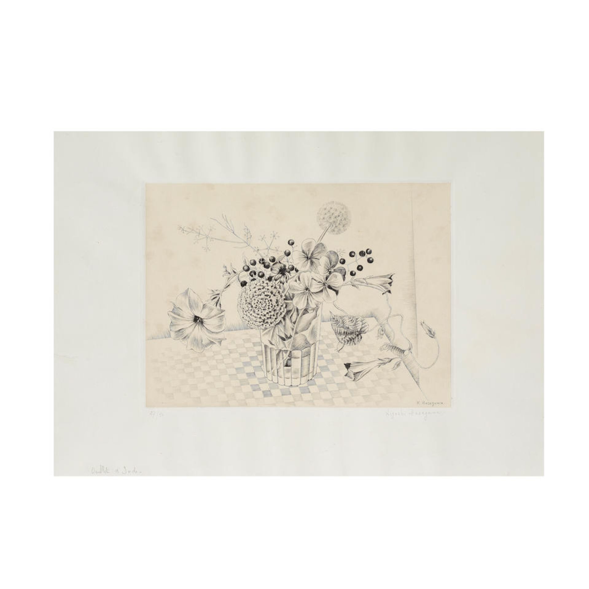 KIYOSHI HASEGAWA (1891-1980) Fleurs avec oeillet d'Inde, 1938 (Reifu-shobo, 251)Pointe-sèch...