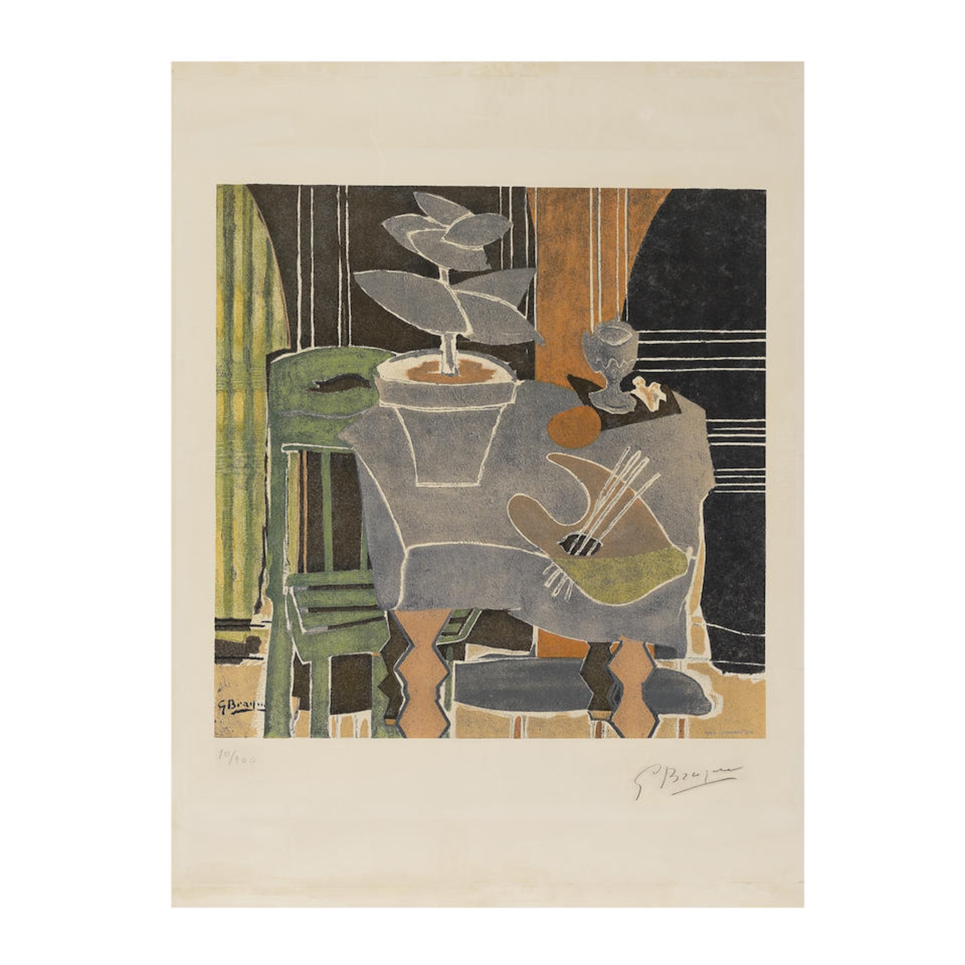 GEORGES BRAQUE (1882-1963) Nature morte à la Palette, 1960 Lithographie en couleurs sur v&#...