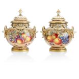 A Pair of Royal Worcester Painted Fruit Pot Pourri Vases By Harry Ayrton, Post War