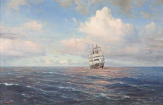JOHANNES HOLST (GERMAN, 1880-1965) THREE-MASTED SHIP SAILING IN CALM SEAS