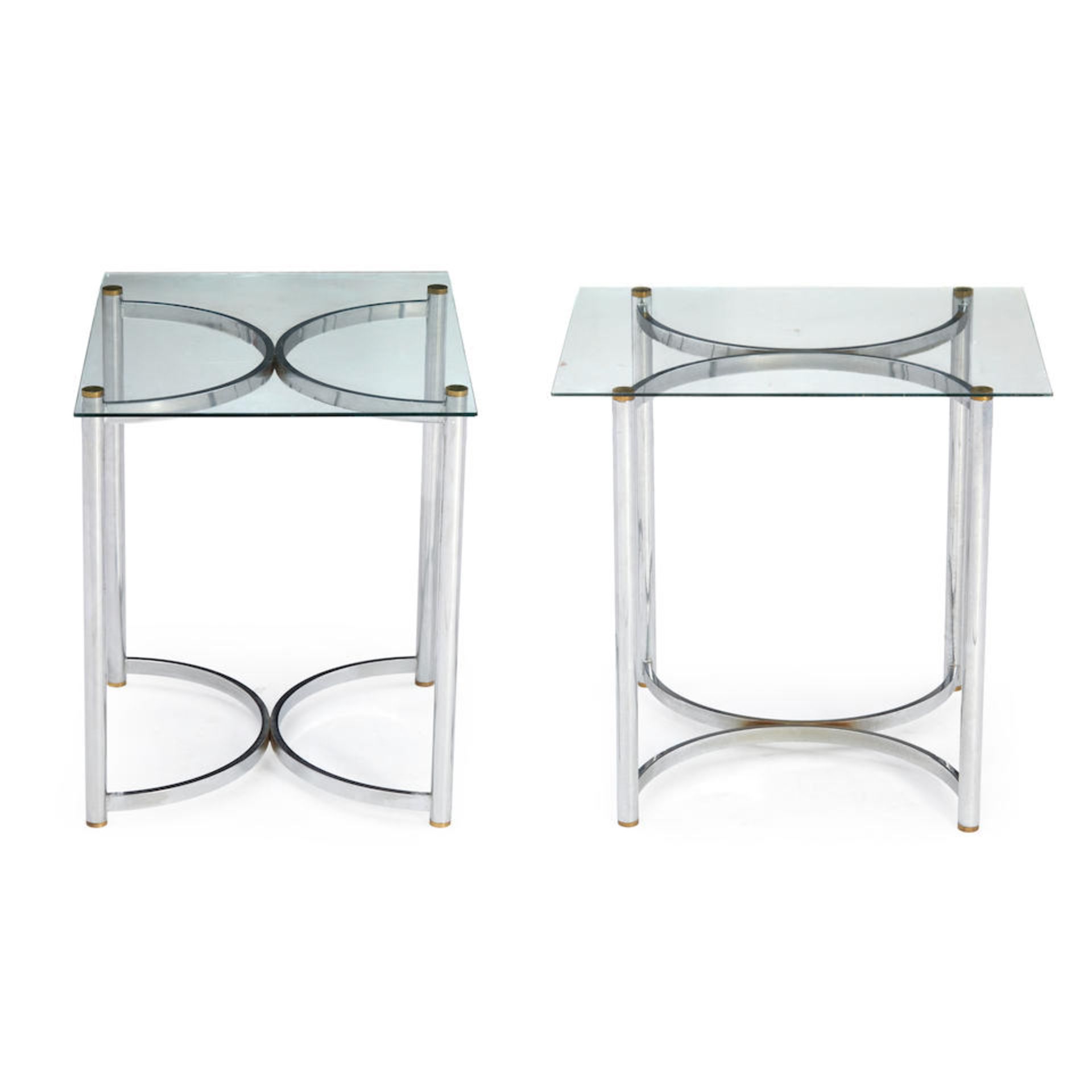 PAIR OF HOLLYWOOD REGENCY CHROME AND GLASS SIDE TABLES