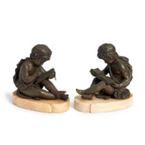 PAIR OF FRENCH BRONZE FIGURES OF CHILDREN WITH ALABASTER BASES