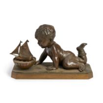 EMMANUEL VILLANIS BRONZE GROUP: ENFANT JOUANT WITH SAILING SHIP