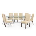 MODERN CHROME AND GLASS DINING TABLE AND EIGHT UPHOLSTERED CHAIRS