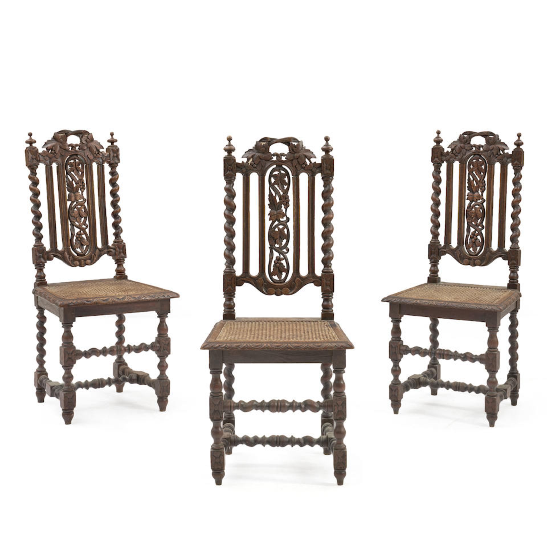 SET OF THREE OAK CARVED RENAISSANCE STYLE HUNTING CHAIRS