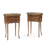 PAIR OF LOUIS XVI-STYLE BRASS-MOUNTED KINGWOOD AND TULIPWOOD PARQUETRY KIDNEY-SHAPED TABLES