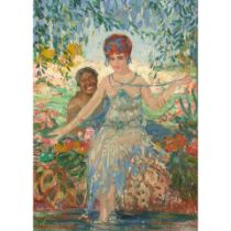 Aimé Stevens (Belgian, 1869-1951) Two ladies in a lush landscape 12 3/4 x 9 3/8in (32.5 x 2...