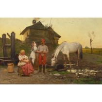 Anton Kozakiewicz (Polish, 1841-1900) Polish rider with two women and a white horse 14 3/4 x 22 ...