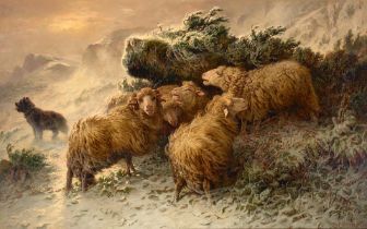 August Friedrich Albrecht Schenck (Dutch, 1828-1901) A flock of sheep in a snow storm 36 x 57 1/...