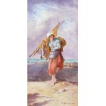 A CHARLES FUCHS PORCELAIN PLAQUE OF FISHERWOOMAN ON A SHORECharles Fuchs (German, 1803-1874), mi...