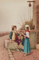 Filippo Indoni (Italian, 1842-1908) Children at a well 20 1/2 x 13 3/4in (52.1 x 34.9cm) (sight)