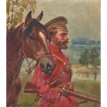 Jerzy Kossak (Polish, 1886-1955) A portrait of a military man with horse 11 1/4 x 10 1/4in (28.8...