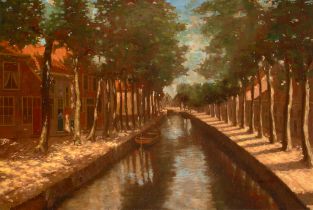 Continental School (20th century) Canal view 32 x 47in (81 x 119.5cm)