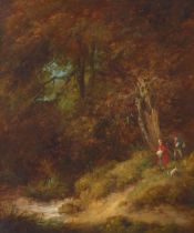 English School (19th Century) Travelers in a forest clearing 12 x 10in (30.5 x 25.5cm)