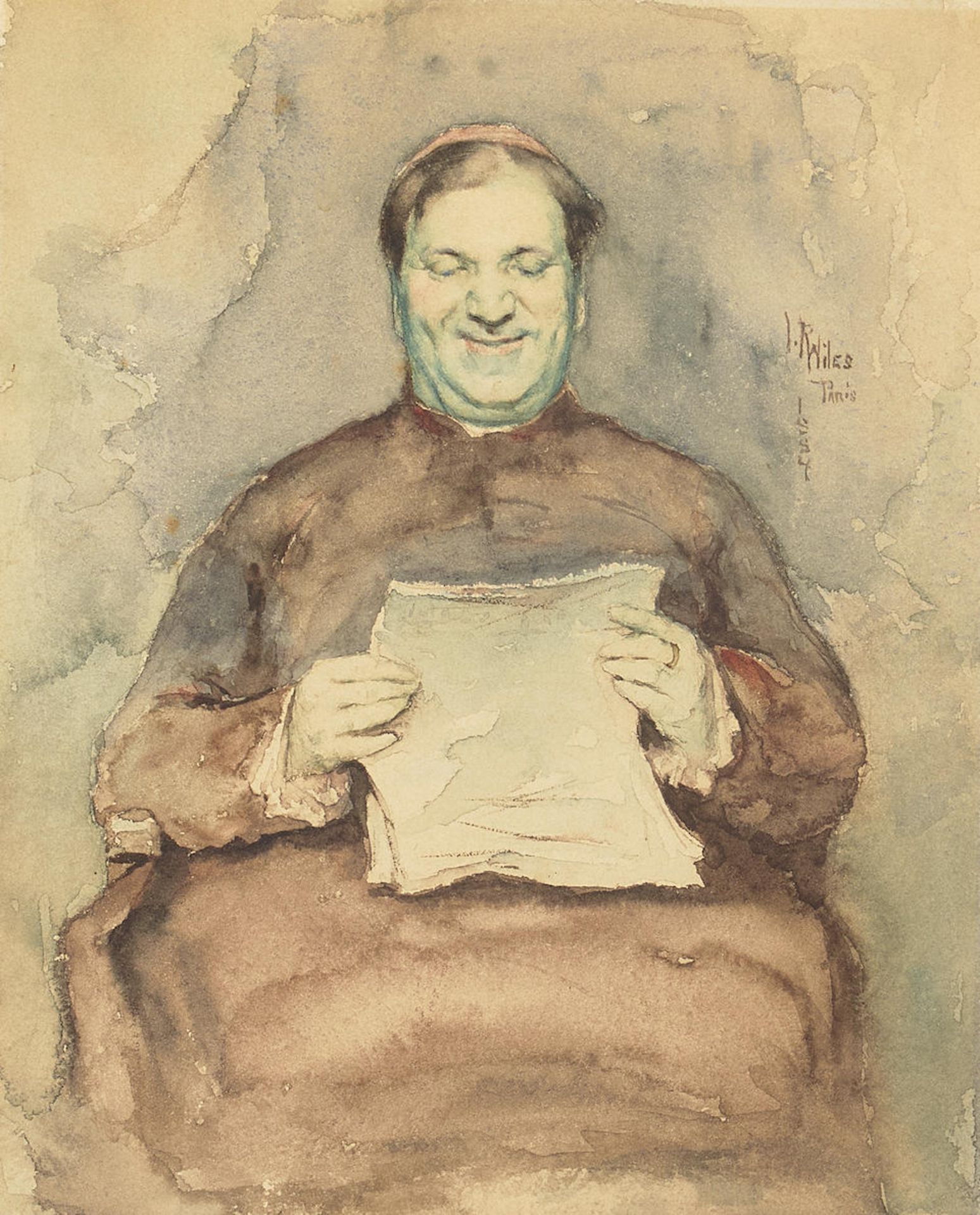 Irving Ramsey Wiles (American, 1861-1948) Smiling cleric reading a letter sight 8 x 6 1/2in (20....