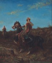 Adolf Schreyer (German, 1828-1899) Two riders on horseback 12 x 9 3/4in (30.5 x 24.8cm)