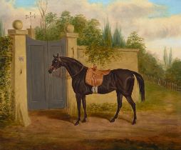 Edwin Loder of Bath (British, 1827-1885) A black horse waiting to enter 25 x 30 1/4in (63.5 x 76...