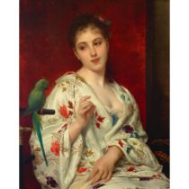 Adolphe Piot (French, 1850-1910) A portrait of a young woman in a floral robe with a parakeet 31...