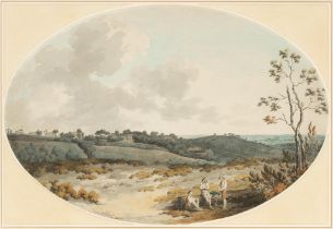 Francis Wheatley R.A. (London 1747-1801) An extensive landscape with labourers at rest on a heat...
