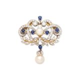 CULTURED PEARL, SAPPHIRE AND DIAMOND BROOCH/PENDANT BROCHE/PENDENTIF PERLES DE CULTURE, SAPHIRS ...