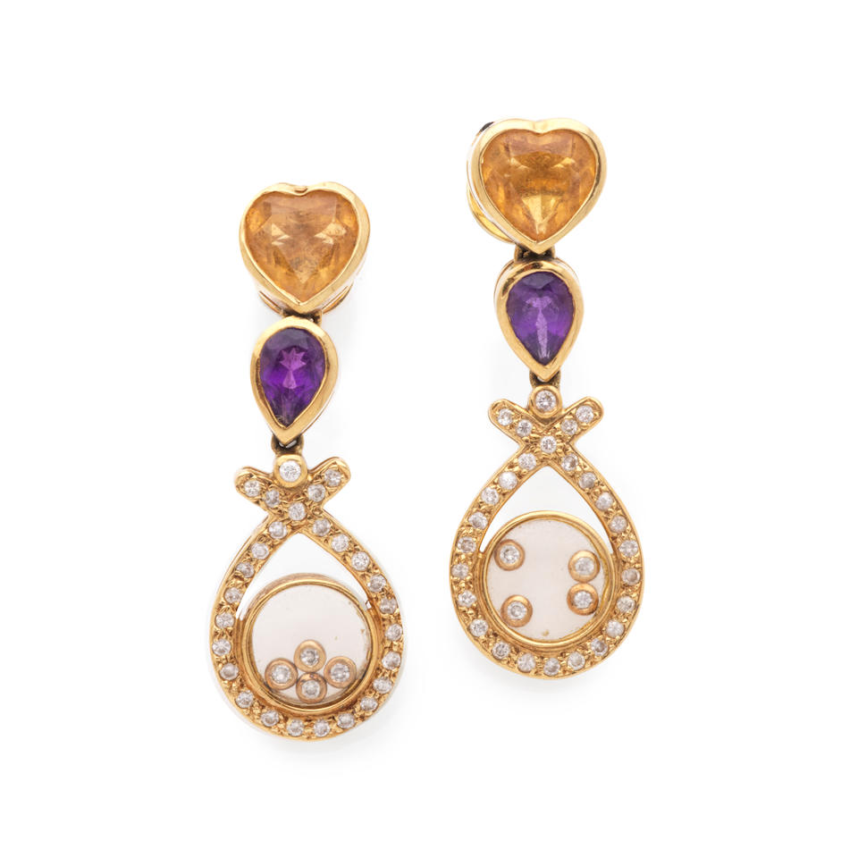 PAIR OF CITRINE, AMETHYST AND DIAMOND EARRINGS PAIRE DE BOUCLE D'OREILLES CITRINES, AMETHYSTES E...