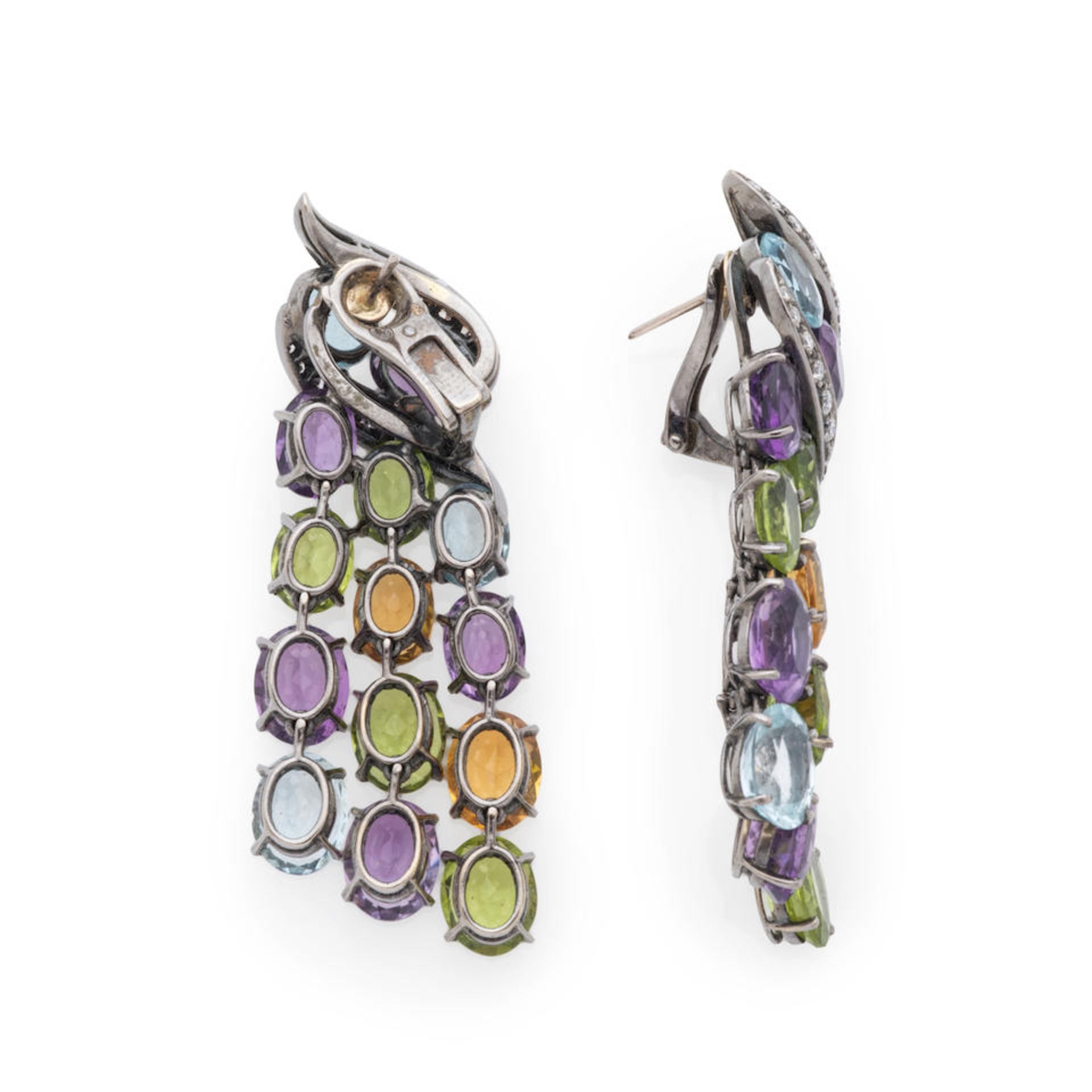 PAIR OF COLOURED GEMSTONE AND DIAMOND EARRINGS PAIRE DE BOUCLES D'OREILLES PIERRES DE COULEUR ET... - Image 2 of 2