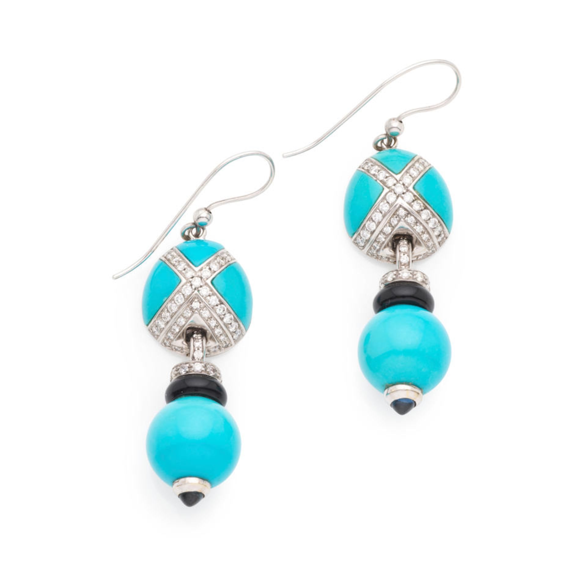 PAIR OF ONYX, TURQUOISE, SAPPHIRE AND DIAMOND PENDANT EARRINGS PAIRE DE PENDANTS D'OREILLES ONYX...