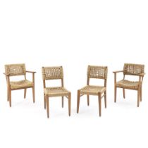 FOUR ADRIEN AUDOUX & FRIDA MINET BRAIDED ROPE AND HARDWOOD ARMCHAIRS, circa 1950s, ht. 33 1/2 i...