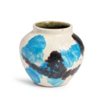 A GUIDO GAMBONE WHITE AND BLUE SPLASHED POTTERY VASE, signed 'Guido Gambone' to base, ht. 6 in.
