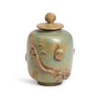 AN ARNE BANG GREY GLAZED STONEWARE LIDDED JAR, Denmark, 1930s-1940s, with molded seashells and s...