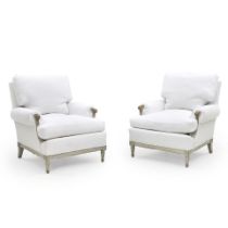 A PAIR OF LOUIS XVI STYLE WHITE-PAINTED AND UPHOLSTERED BERGERES,