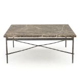 A MARBLE AND IRON COFFEE TABLE,