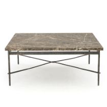 A MARBLE AND IRON COFFEE TABLE,