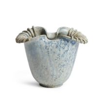 AN ARNE BANG GLAZED STONEWARE VASE, Denmark, 1930s-1940s, fan-shaped with ribbed and flared edge...