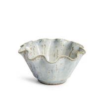 AN ARNE BANG WHITE AND GREY-GLAZED STONEWARE BOWL, Denmark, 1930s with waved edge, signed with i...