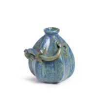 AN ARNE BANG SPECKLED BLUE-GLAZED STONEWARE GOURD VASE, Denmark, 1930s-1940s, signed with initia...