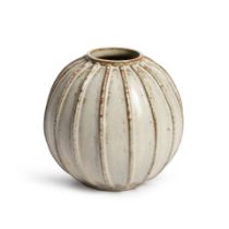 AN ARNE BANG SAND GLAZED STONEWARE VASE, Denmark, 1930s-1940s, ribbed form, signed with initials...