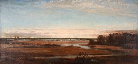 WINKWORTH ALLAN GAY (American, 1821-1910) A Marshland at Sunset with Cows and Figures framed 43...