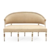 A SWEDISH NEOCLASSICAL-STYLE CREME PAINTED AND PARCEL-GILT UPHOLSTERED SETTEE,